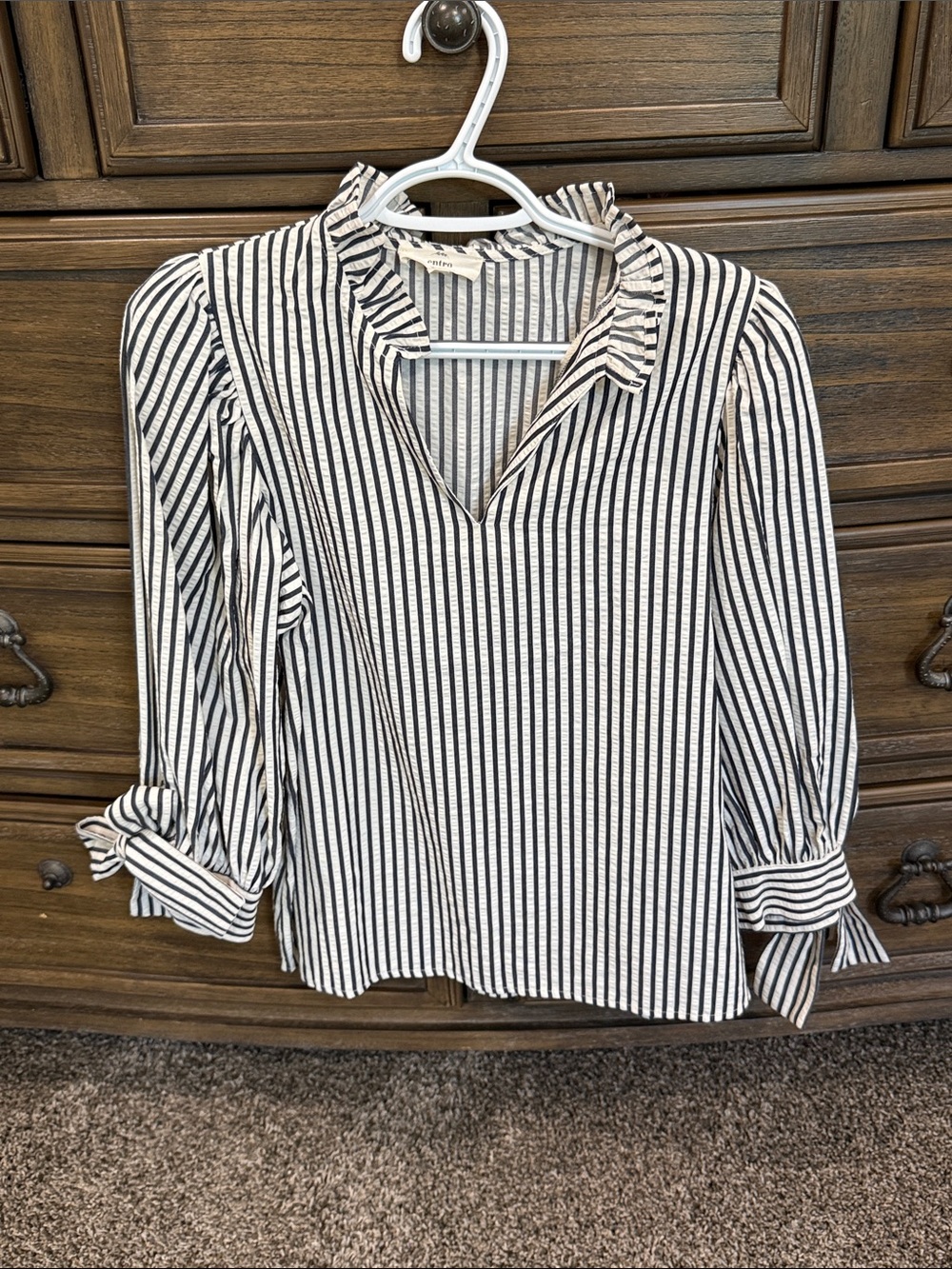 entro Navy & White Striped Ruffle V-Neck Blouse